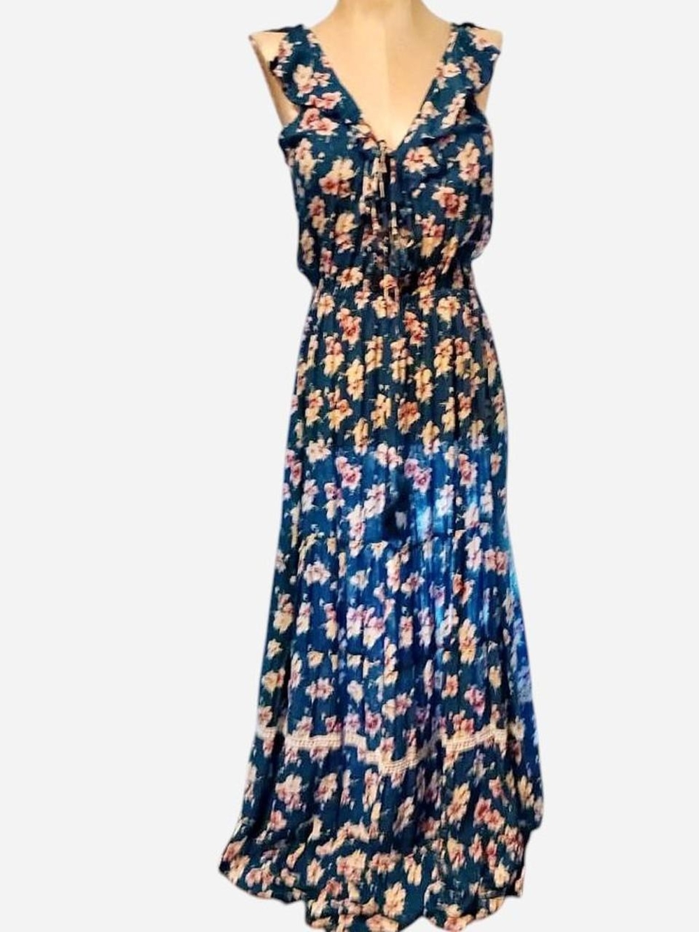 Tiare Hawaii Navy Floral Ruffle Tie-Front Maxi Dress